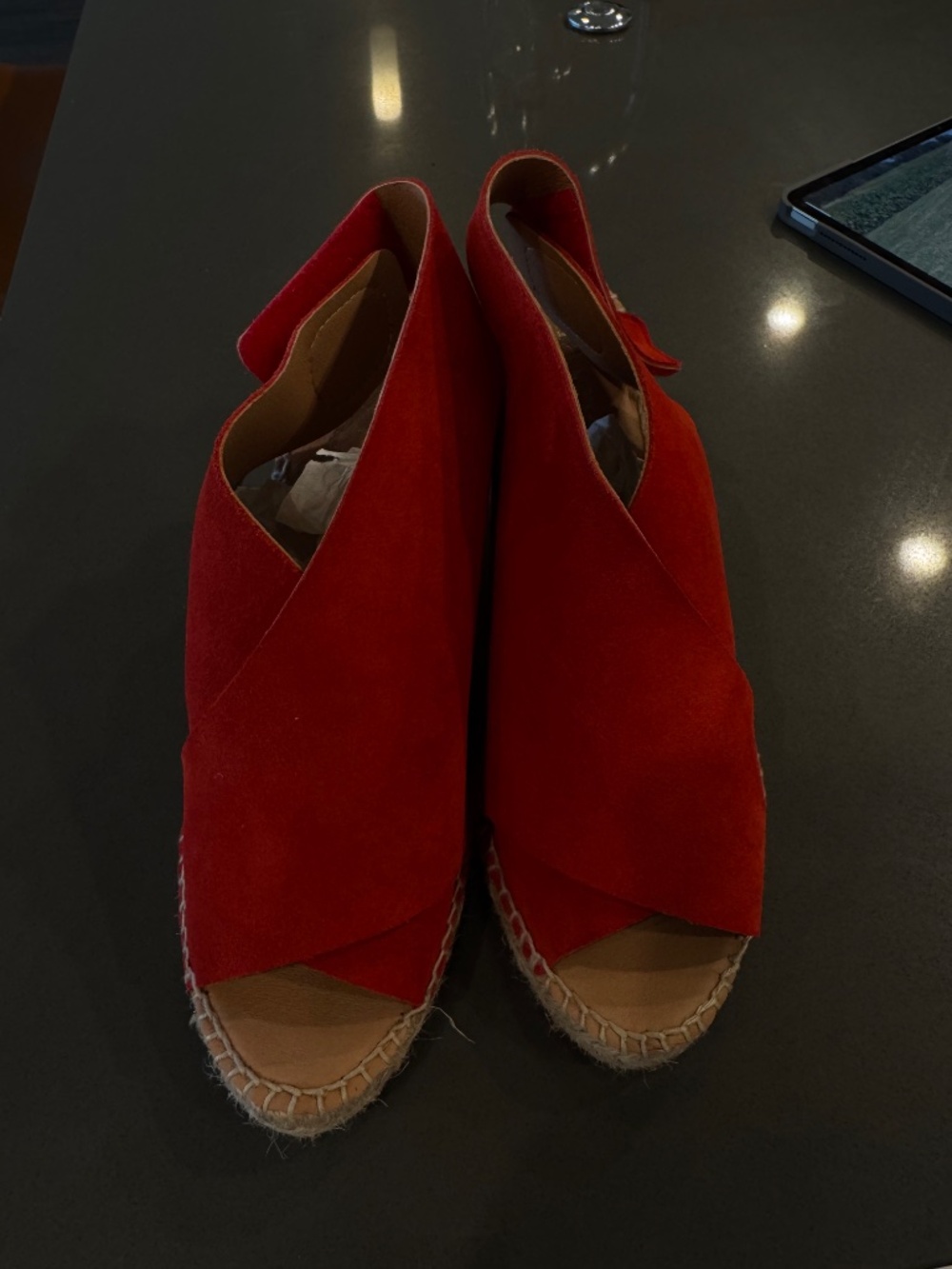 Soft Red Suede Espadrilles from Spain, size 8, 3.5 inch wedge heal - New